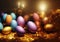 Composition of coloured and golden eggs, with artistic decorations, with depth of field, photographic lighting and close-ups.