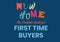 Composition of colourful new home text with first time buyers text in blue, on blue