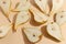 Composition of cut pears on a beige background. Top view