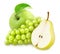 Composition with cutted pear, grape and whole apple isolated on a white background.