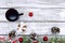 Composition with decorated Christmas tree, cup with coffee and c