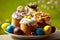 Composition of delicious Easter Cakes decorated with white sugar glaze, sweet flowers and confetti, dried fruits, nuts and