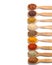 Composition with different aromatic spices in wooden spoons