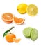 The composition of different citrus. Orange, lemon, lime, tangerine. White isolated background.