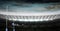 Composition of empty rugby stadium and rugby ball over clouds