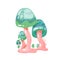 Composition of exotic colorful magical fairy tale mushrooms with green cap and pink leg vector illustration. Bright