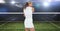 Composition of female tennis player holding tennis racket at tennis court