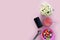 Composition flat lay pink background mobile phone flowers chrysanthemum glass cocktail straw spoon colored candy Top view copy spa