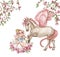Composition of flower fairy, little princess dressed in pink with unicorn illustration. Watercolor illustration for greeting card
