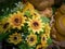 Composition of flowers and ceramics. A bouquet of bright yellow sunflowers