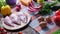 The composition of the food on the table. Fresh colorful vegetables on the table