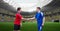 Composition of football captains shaking hands over sports stadium