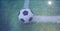 Composition of football on white line on grass pitch