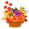 Composition in the form of a wicker basket filled with ripe vegetables, fruits of physalis or winter cherry and autumn