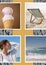 Composition of four beach and seaside images with ice cream deckchair woman in profile and sand