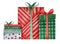 Composition of four gift boxes with bows covered with decorative paper. Red and green boxes. Christmas presents. hand-drawn