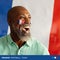 Composition of france football team text over african american male supporter with flag of france