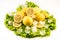 Composition of fresh lemons and ice on salad on white background