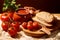 Composition of fresh pate tomatoes and homemade bread. Generate Ai