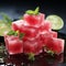 Composition of frozen watermelon cubes close up. Beautiful fruit composition of red fruit juice frozen into cubes. Small