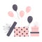 Composition of gift boxes and an open gift with pink and grey balloons flying out
