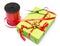 Composition of gift, scissors and ribbon