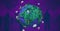 Composition of globe with clouds and trees icons over purple people silhouettes