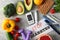 Composition with glucometer and healthy food on grey background. Diabetes diet