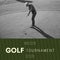 Composition of golf tournament text over caucasian man playing golf