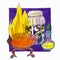 Composition of halloween witchcraft symbols: magic fire, flask with elixir and jar with eyes. Alchemy elements of