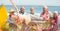 Composition of happy senior holiday group holding smiling female friend on beach and autumn foliage