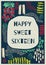 Composition of happy sweet sixteen text in grey bubble with colourful patterns on dark background