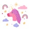 Composition head unicorn on white background. Cartoon cute character unicorn, rainbow, sun, star, cloud in doodle