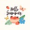 Composition with Hello Summer lettering written with beautiful cursive font decorated with seasonal elements - bowl with