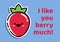 Composition of i like you berry much text with smiling strawberry on blue background