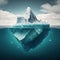 Composition of iceberg seen underwater in sea over blue sky, created using generative ai technology