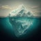 Composition of iceberg seen underwater in sea over blue sky, created using generative ai technology