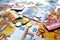 Composition with the image of money.Photo of money, coins, paper bills lying on the table.