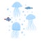 Composition jellyfish and fish on white background. Cartoon cute fauna with bubble in doodle