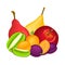 Composition of juicy apple pear apricot plum kiwi. Ripe vector fruits whole and slice appetizing looking. Group tast