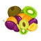 Composition of juicy apricot plum kiwi. Ripe vector apricots plums kiwifruits whole and slice appetizing looking. Group