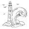 Composition with lighthouse, wave and stones. Hand drawn outline vector illustration. Black on white background