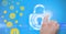 Composition of man touching online security icon on blue background