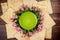 Composition with matzo bread, plate and flowers. Top view. Passover Jewish holiday