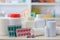 Composition of medicine bottles and pills with pharmacy store