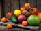Composition of mix colored tropical and mediterranean fruits on wooden background. Concepts about decoration,