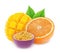 Composition with mix of fully ripened tropical fruits - mango, passion fruit and orange isolated on a white background with