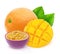 Composition with mix of fully ripened tropical fruits - mango, passion fruit and orange isolated on a white background with