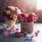 Composition for Mother\\\'s Day with beautiful flowers. Plastic jars decorated with flowers and hearts for a special date.