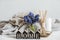 Composition with muscari flowers and aroma sticks and the decorative word home